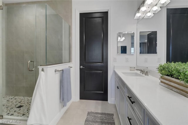 bathroom with walk in shower, tile patterned floors, and vanity