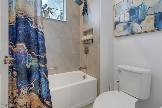 bathroom with shower / tub combo with curtain and toilet