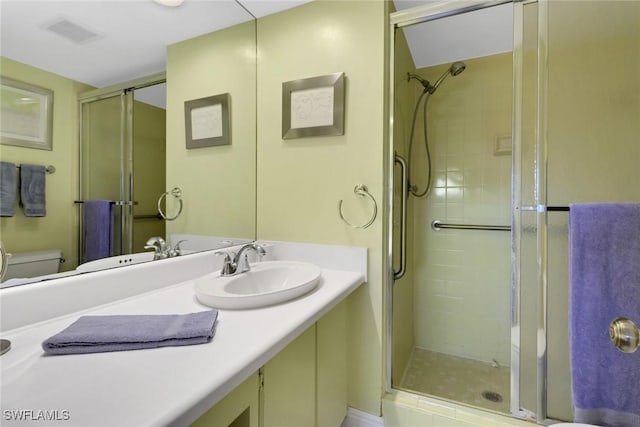 full bath featuring visible vents, a shower stall, toilet, and vanity