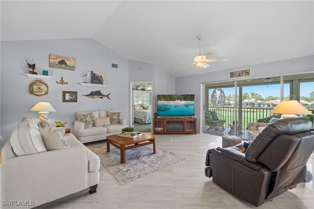 living room with vaulted ceiling and ceiling fan