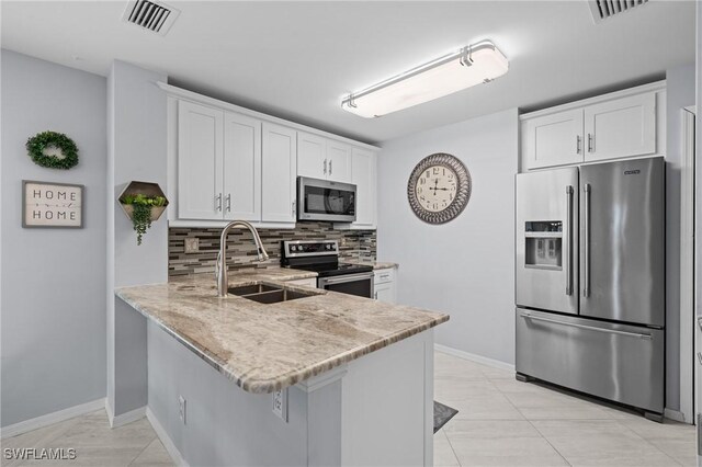 kitchen featuring kitchen peninsula, sink, appliances with stainless steel finishes, white cabinets, and decorative backsplash