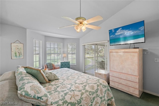 carpeted bedroom featuring lofted ceiling, access to outside, and ceiling fan