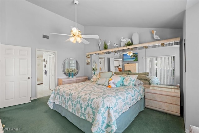 bedroom featuring dark carpet, high vaulted ceiling, and ceiling fan