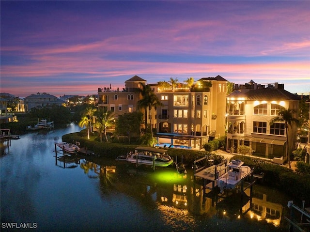 view of water feature with a dock