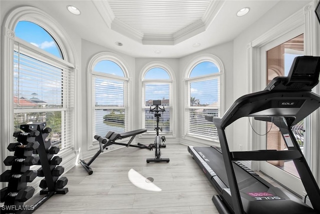 workout area with a tray ceiling, crown molding, a wealth of natural light, and light hardwood / wood-style flooring