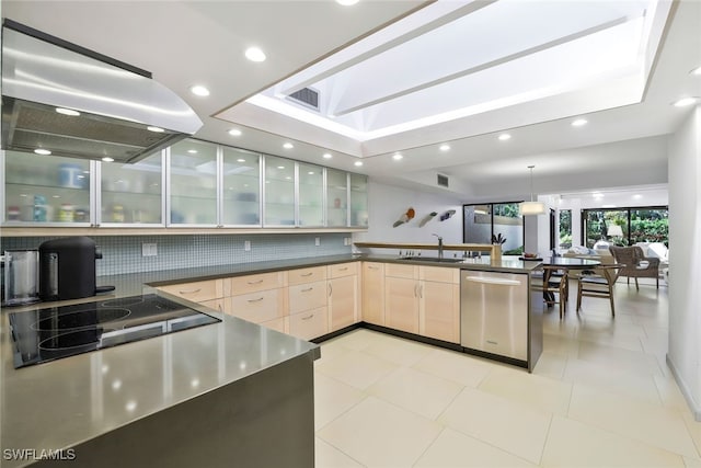 kitchen with decorative light fixtures, dishwasher, island exhaust hood, cooktop, and light brown cabinets