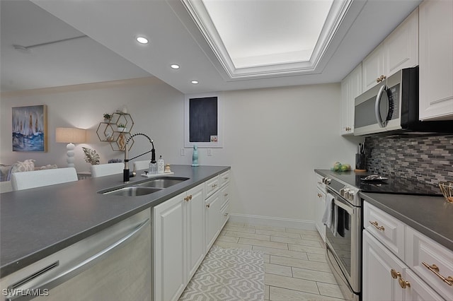 kitchen featuring sink, white cabinetry, a tray ceiling, stainless steel appliances, and decorative backsplash