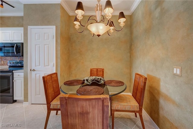 dining area with a notable chandelier, crown molding, and light tile patterned floors