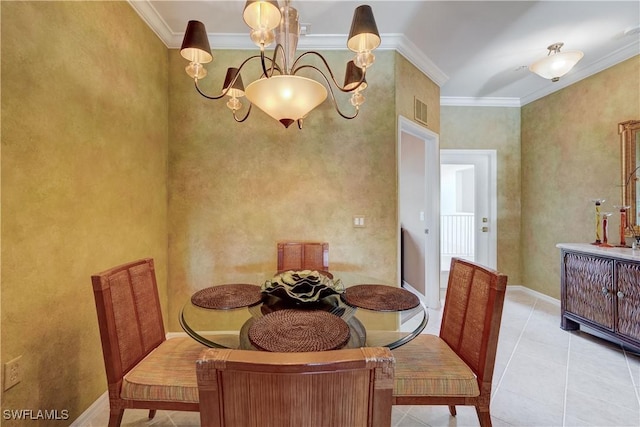 tiled dining space featuring ornamental molding and a chandelier