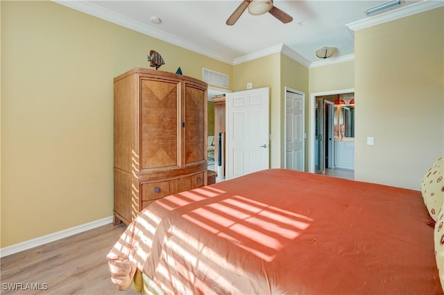 bedroom with crown molding, ceiling fan, and light wood-type flooring