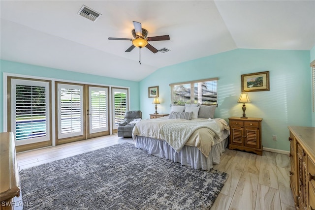 bedroom with lofted ceiling, access to outside, ceiling fan, and light wood-type flooring