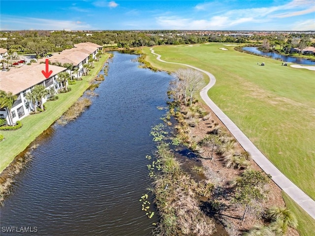 bird's eye view with a water view