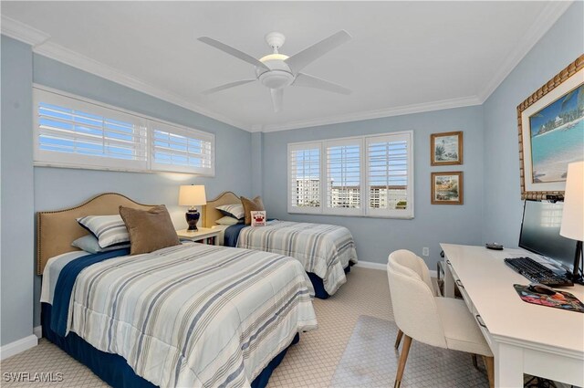 bedroom with light carpet, ornamental molding, and ceiling fan