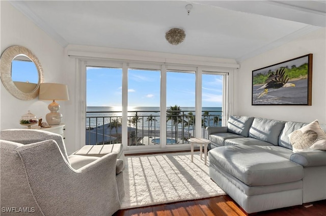 living room with dark wood-type flooring, ornamental molding, and a water view