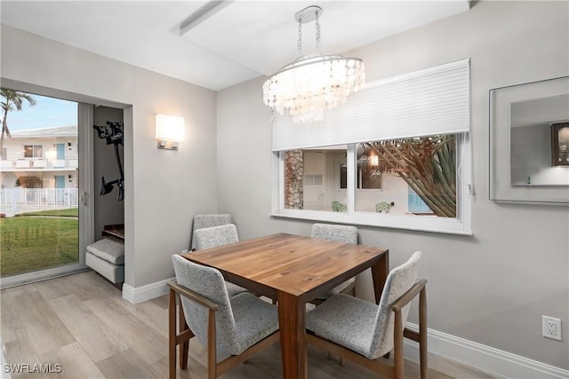 dining area with an inviting chandelier and light wood-type flooring