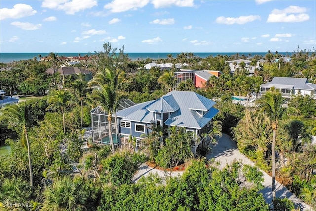 aerial view featuring a water view