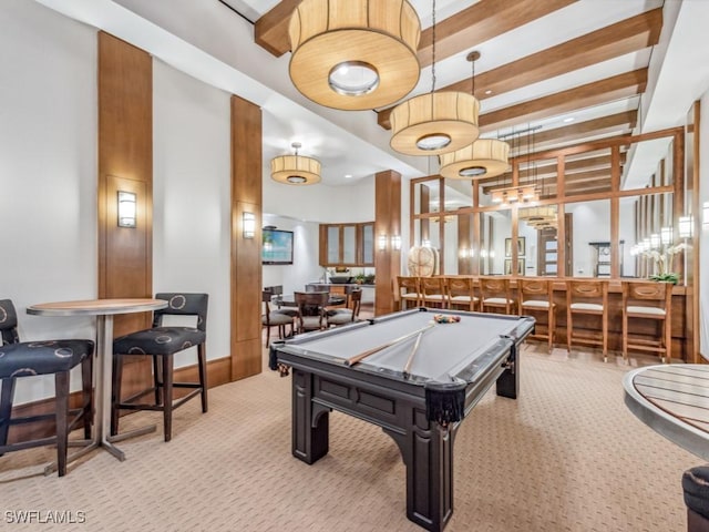4931 Bonita Bay Blvd Unit 2103, Bonita Springs, FL 34134 - recreation room with carpet, billiards table, beam ceiling, and a high ceiling