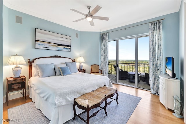 bedroom featuring crown molding, access to exterior, ceiling fan, and light hardwood / wood-style flooring