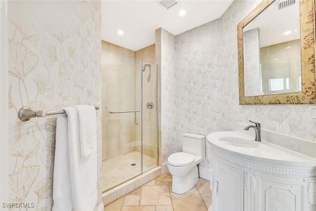 4931 Bonita Bay Blvd Unit 2103, Bonita Springs, FL 34134 - full bath featuring a stall shower, toilet, vanity, wallpapered walls, and recessed lighting