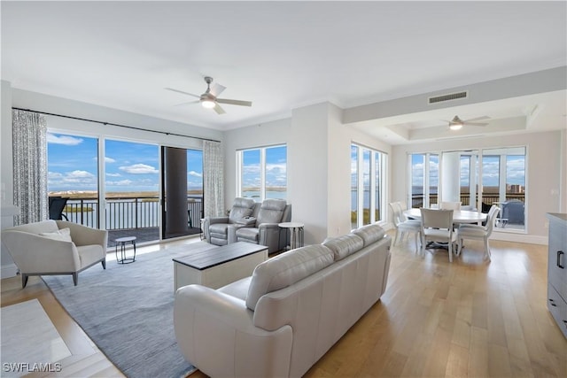 4931 Bonita Bay Blvd Unit 2103, Bonita Springs, FL 34134 - living room with ceiling fan, healthy amount of natural light, light wood-style flooring, and a tray ceiling
