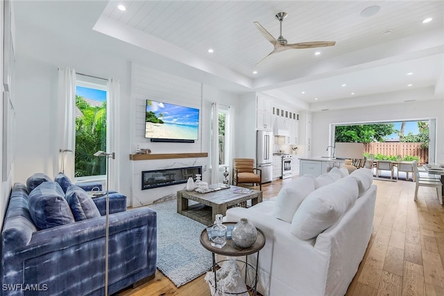 living room featuring a tray ceiling, light hardwood / wood-style flooring, and a high end fireplace