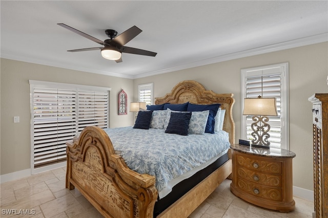 bedroom with crown molding and ceiling fan