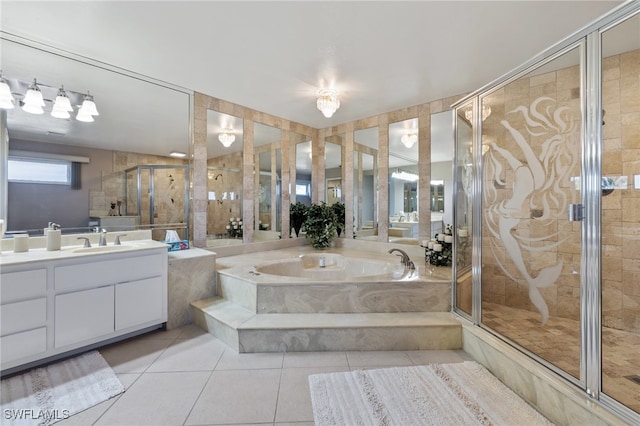 bathroom with vanity, separate shower and tub, and tile patterned flooring