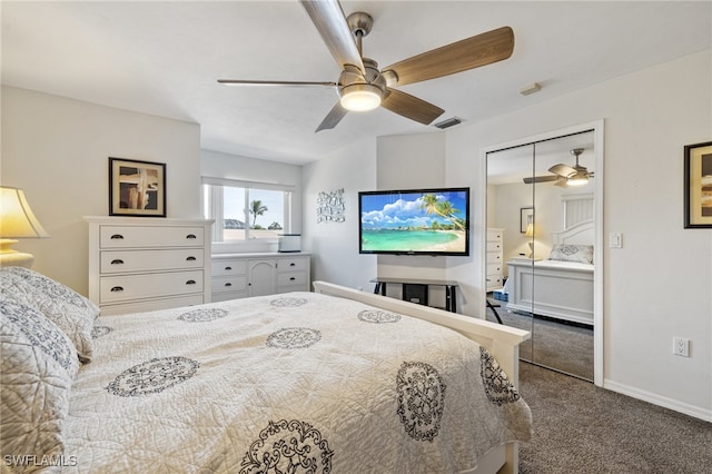 carpeted bedroom featuring a closet and ceiling fan