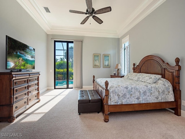 carpeted bedroom with crown molding, access to exterior, and ceiling fan