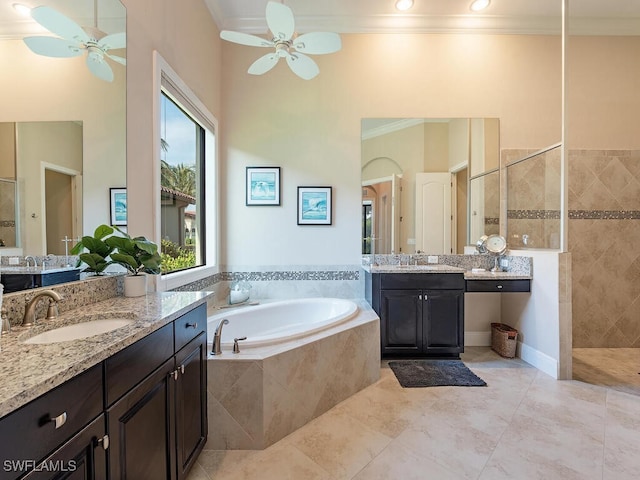 bathroom with vanity, separate shower and tub, ceiling fan, and crown molding