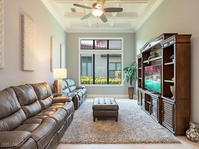 living room with beamed ceiling, light tile patterned flooring, crown molding, and ceiling fan