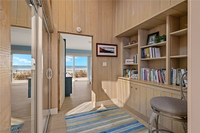 living area featuring wooden walls