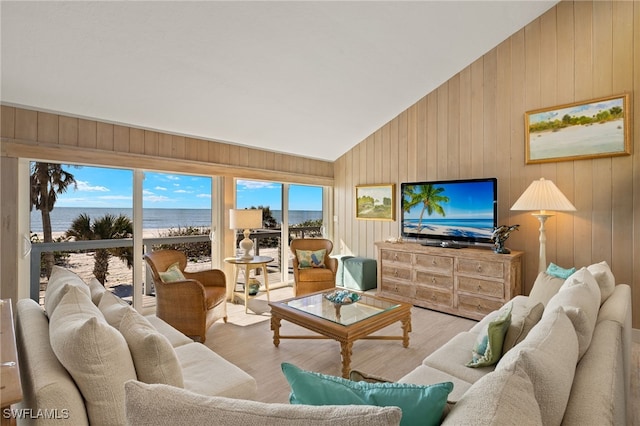 living room with vaulted ceiling and light hardwood / wood-style floors