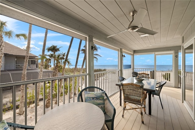 sunroom / solarium with a water view, ceiling fan, wood ceiling, and a view of the beach