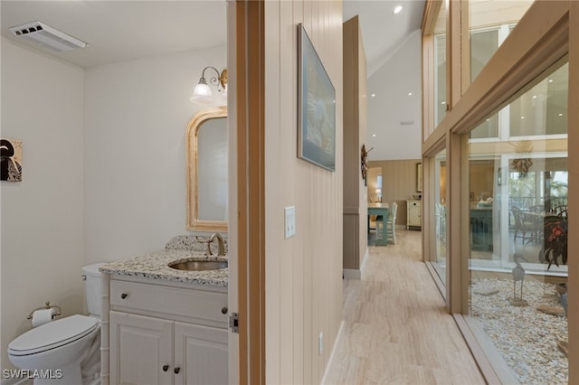 bathroom with vanity, toilet, and hardwood / wood-style floors