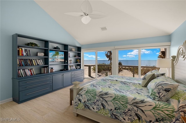 bedroom with vaulted ceiling, ceiling fan, access to exterior, and light wood-type flooring