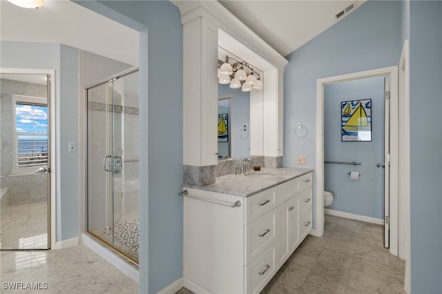 bathroom with vanity, lofted ceiling, an enclosed shower, and toilet