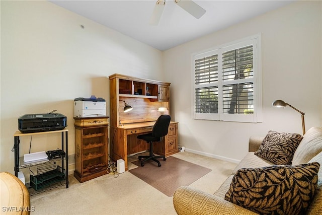 office area with light carpet and ceiling fan