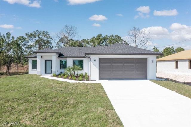 view of front of home with a garage, concrete driveway, roof with shingles, stucco siding, and a front lawn