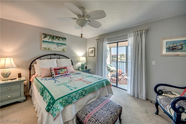 bedroom featuring access to exterior, ceiling fan, and light colored carpet