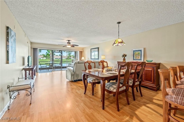 dining room featuring ceiling fan, light hardwood / wood-style floors, and a textured ceiling