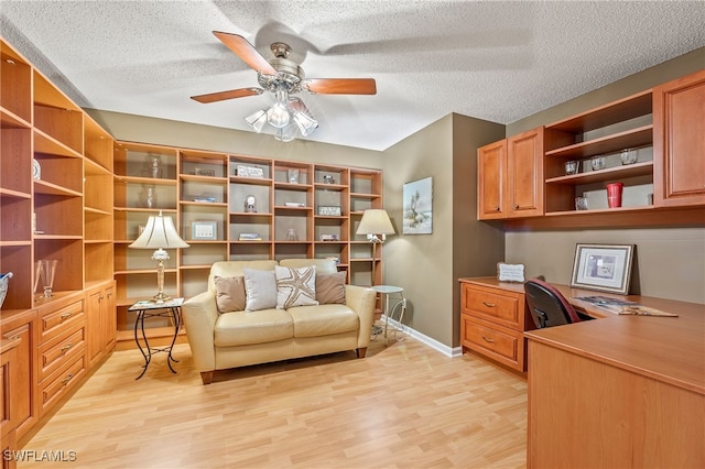 office space featuring a textured ceiling, ceiling fan, and light hardwood / wood-style flooring