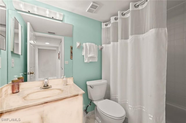 full bathroom with vanity, toilet, and shower / bathtub combination with curtain