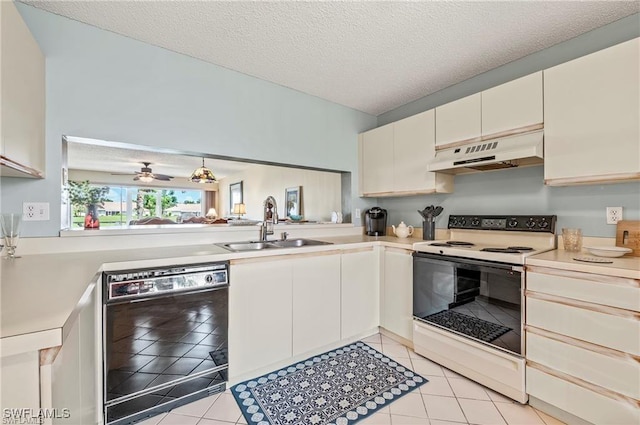 kitchen with light tile patterned flooring, white range with electric stovetop, black dishwasher, sink, and a textured ceiling