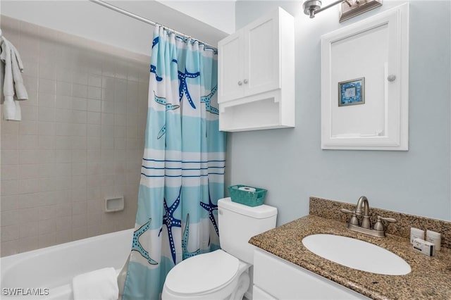 full bathroom with shower / bath combination with curtain, vanity, and toilet