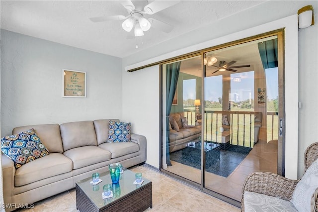 living room with ceiling fan