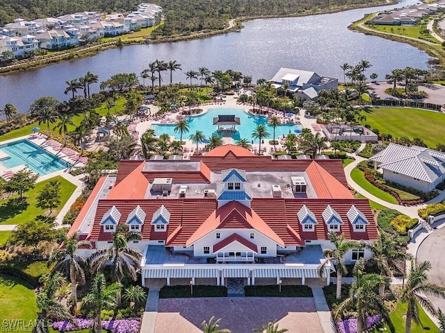 drone / aerial view featuring a water view