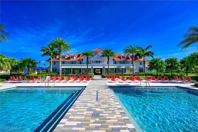 view of swimming pool with a patio