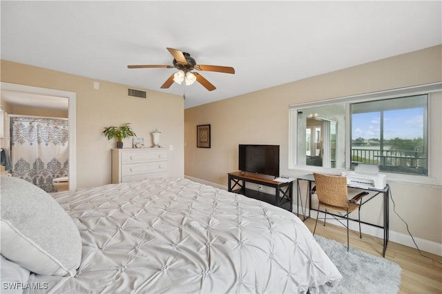 bedroom featuring ceiling fan and light wood-type flooring