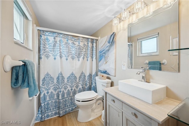 bathroom featuring wood-type flooring, toilet, a shower with shower curtain, and vanity